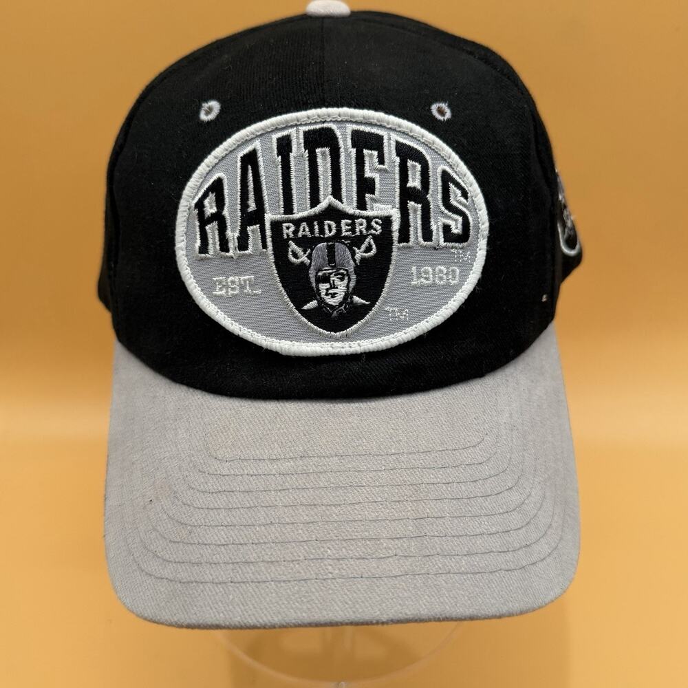 Vintage 1990s Raiders SnapBack Hat Nutmeg Black Grey Bill Large Oval Logo Patch